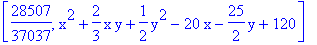 [28507/37037, x^2+2/3*x*y+1/2*y^2-20*x-25/2*y+120]
